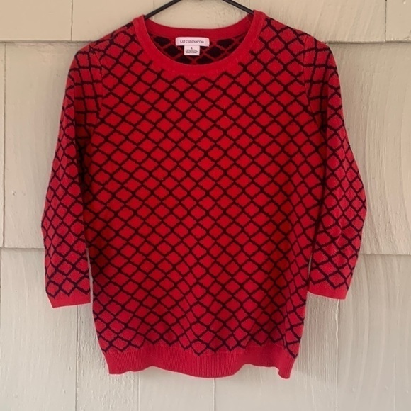 LIZ Claiborne black and red diamond patterned crew neck 3/4 sleeve sweater - Picture 1 of 5